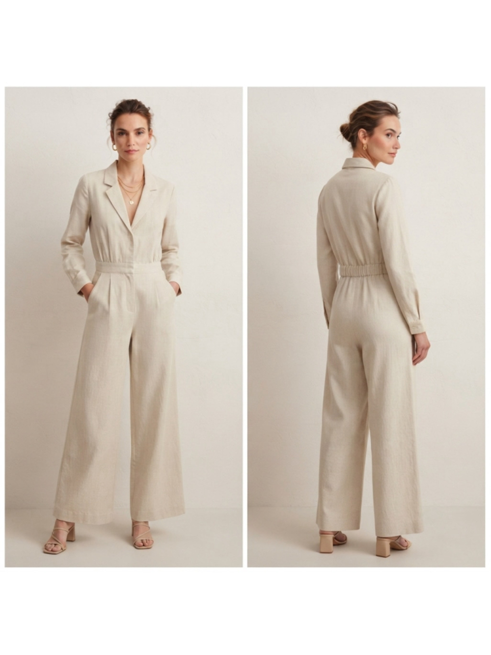 EB Luxe Los Angeles Women's Beige Cotton Linen Blend Blazer Jumpsuit Size M